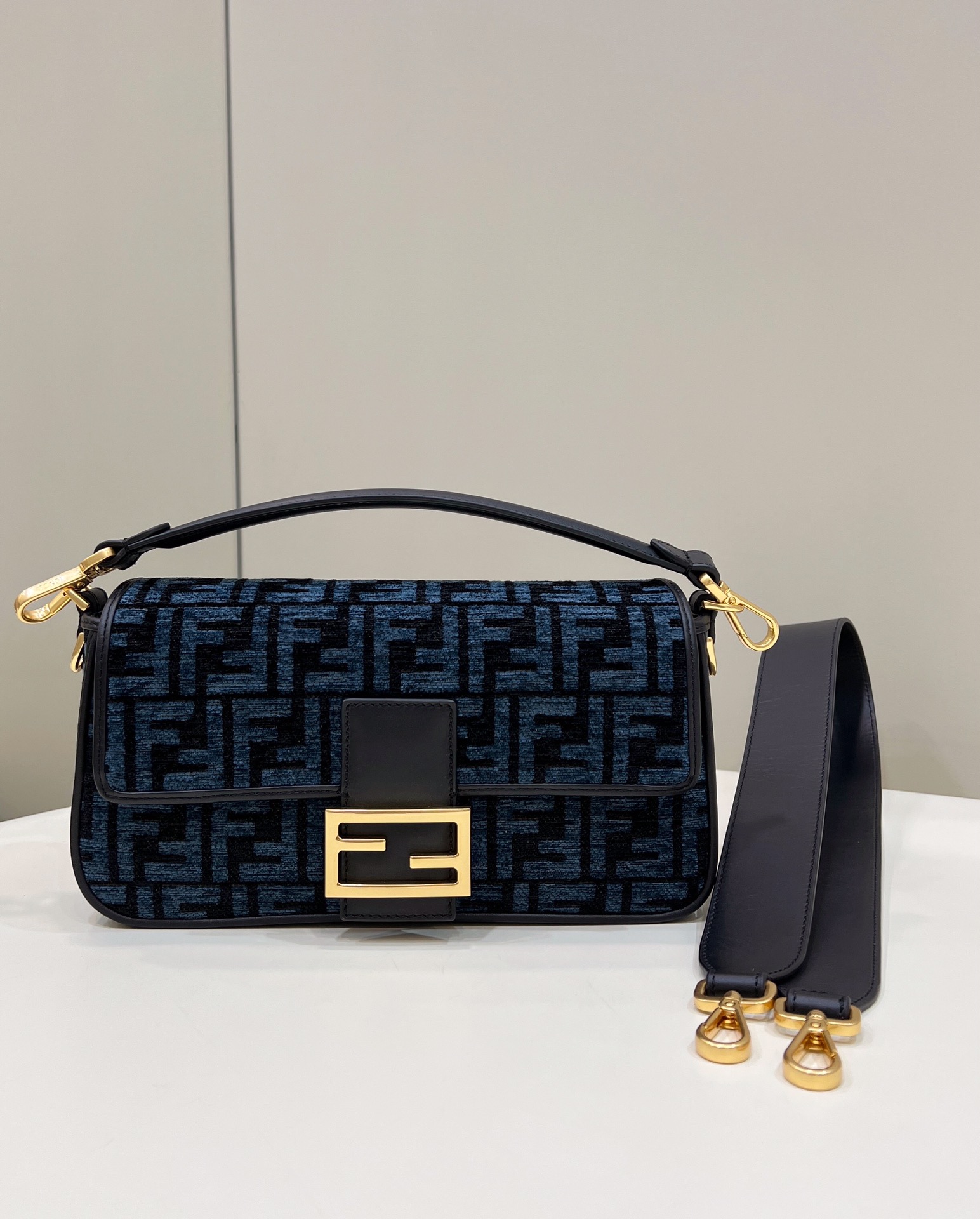 Fendi Medium Baguette FF Chenille Shoulder Bag Dark Blue